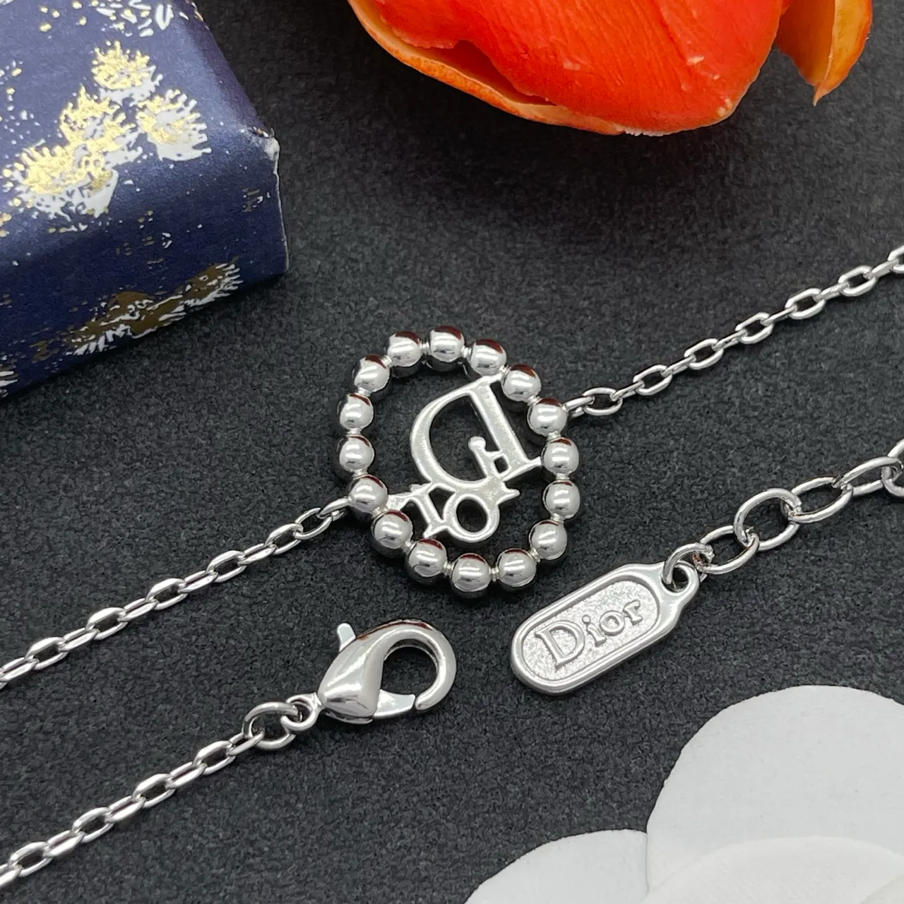 Dior Silver Transparent Chain Heart-Shaped Crystal-Encrusted Pendant Bracelet 3