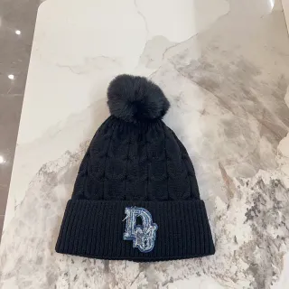 Dior Winter Black Blue Cable-Knit Pom-Pom Topped Beanie