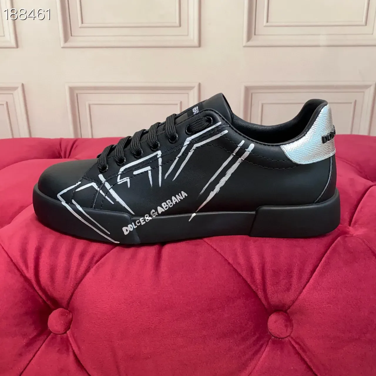 Dolce & Gabbana Parte superior de couro preto prata gráficos de linha abstrata branca sneakers lifestyle 3