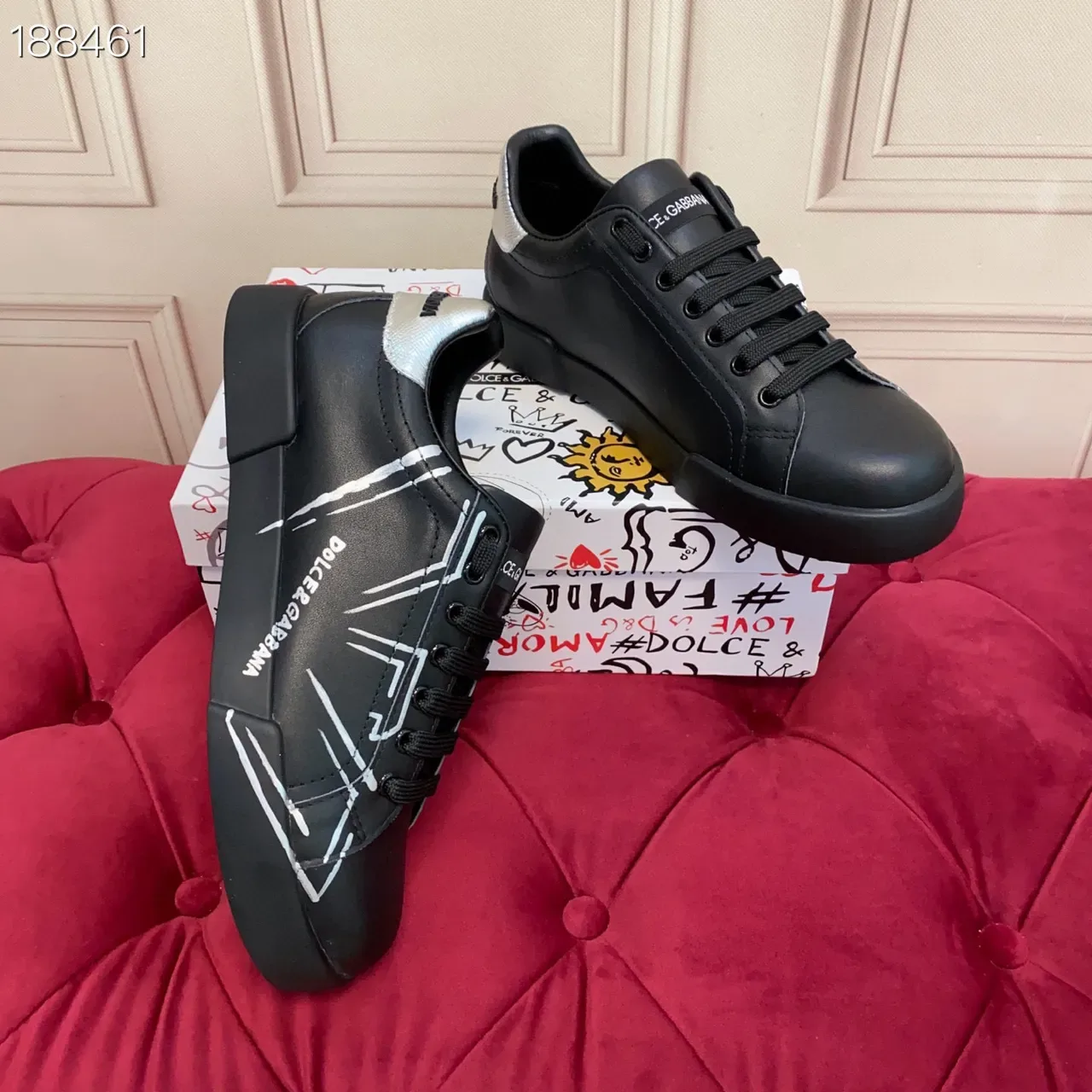 Dolce & Gabbana Parte superior de couro preto prata gráficos de linha abstrata branca sneakers lifestyle 4