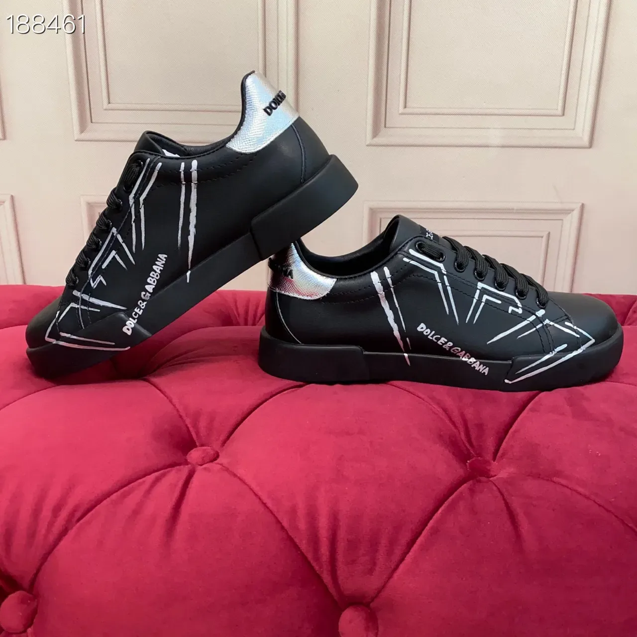 Dolce & Gabbana Parte superior de couro preto prata gráficos de linha abstrata branca sneakers lifestyle 5