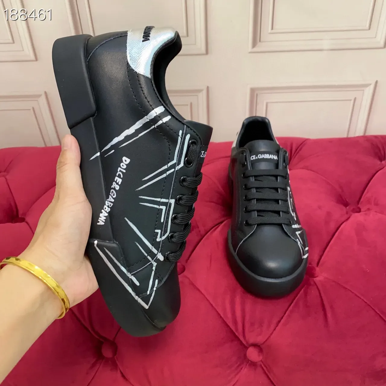 Dolce & Gabbana Parte superior de couro preto prata gráficos de linha abstrata branca sneakers lifestyle 6