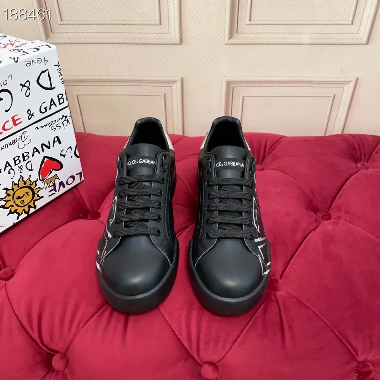 Dolce & Gabbana Parte superior de couro preto prata gráficos de linha abstrata branca sneakers lifestyle 7