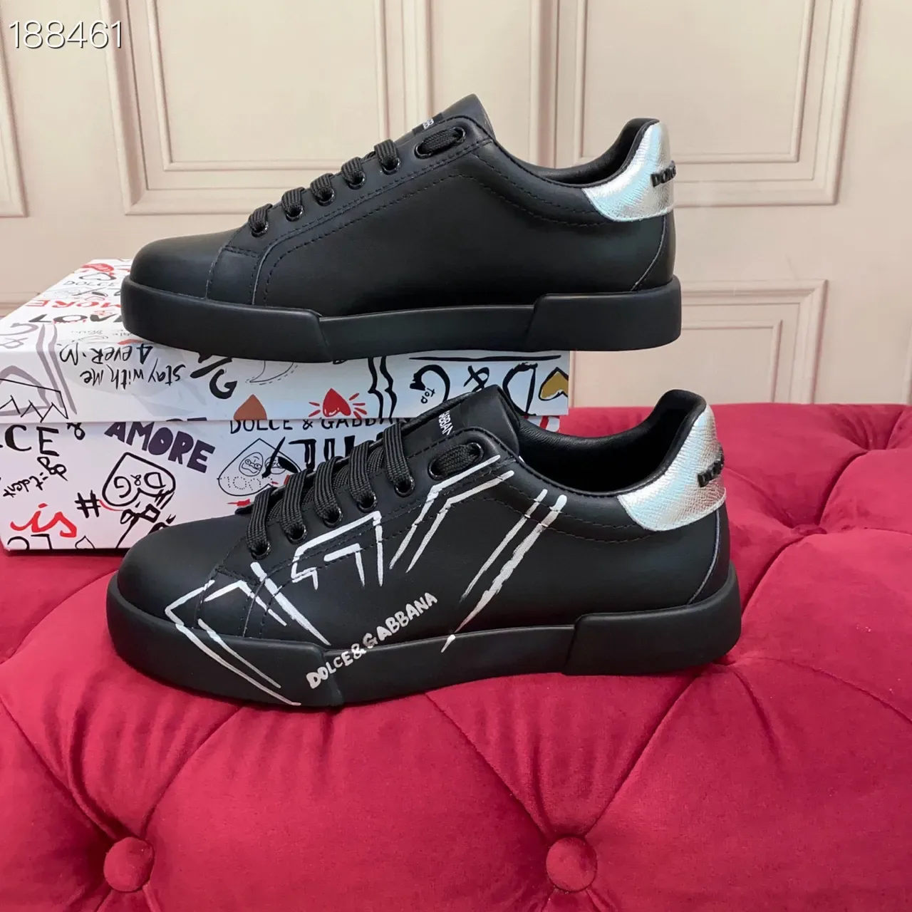 Dolce & Gabbana Parte superior de couro preto prata gráficos de linha abstrata branca sneakers lifestyle 8