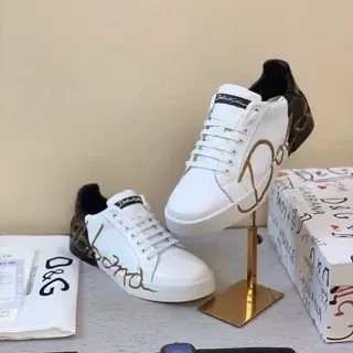 Dolce & Gabbana Portofino White Black Leather Upper Gold Script Logo Lifestyle Sneakers