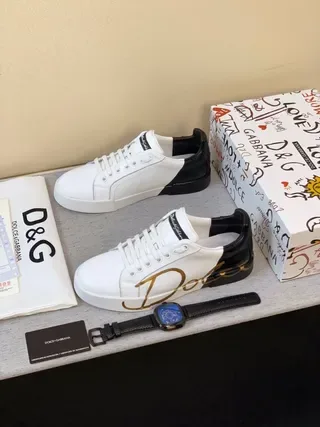 Dolce & Gabbana Portofino Branco Preto Couro Superior Logo Script Dourado Tênis Lifestyle 5