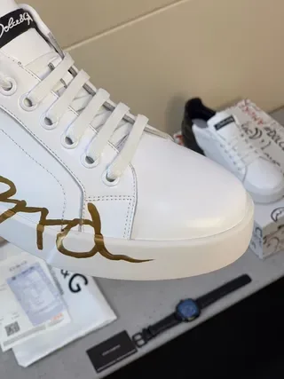 Dolce & Gabbana Portofino Branco Preto Couro Superior Logo Script Dourado Tênis Lifestyle 8
