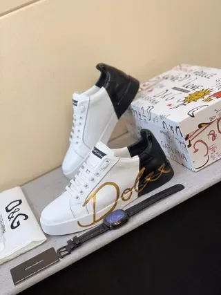 Dolce & Gabbana Portofino Branco Preto Couro Superior Logo Script Dourado Tênis Lifestyle 9