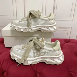 Dolce & Gabbana Beige White Sole Lace Paneling Chunky Sneakers