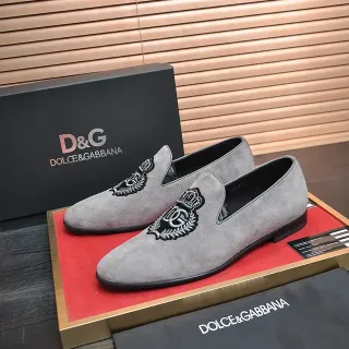 Dolce & Gabbana Crest-Embroidered Loafer Gray Black Suede Upper Loafer