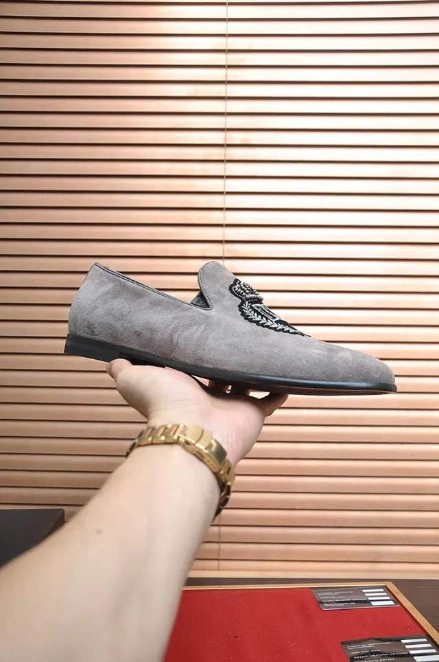 Dolce & Gabbana Crest-Embroidered Loafer Gray Black Suede Upper Loafer 4