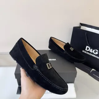 Dolce & Gabbana Portofino Black Beige Suede Upper Metal DG Buckle Loafer