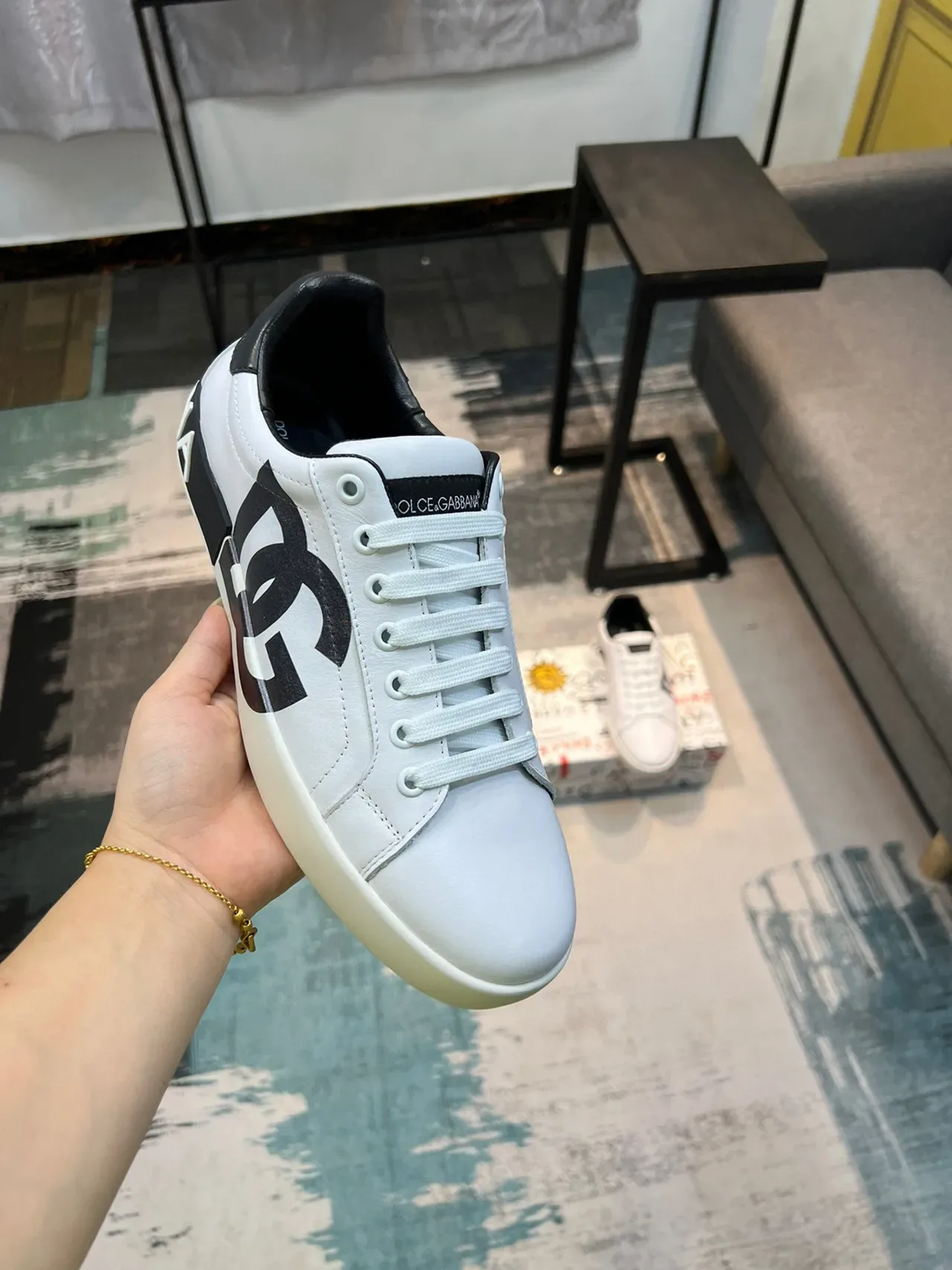 Dolce & Gabbana Portofino Branco Preto Couro Superior Bold Monogram Tênis Lifestyle 5