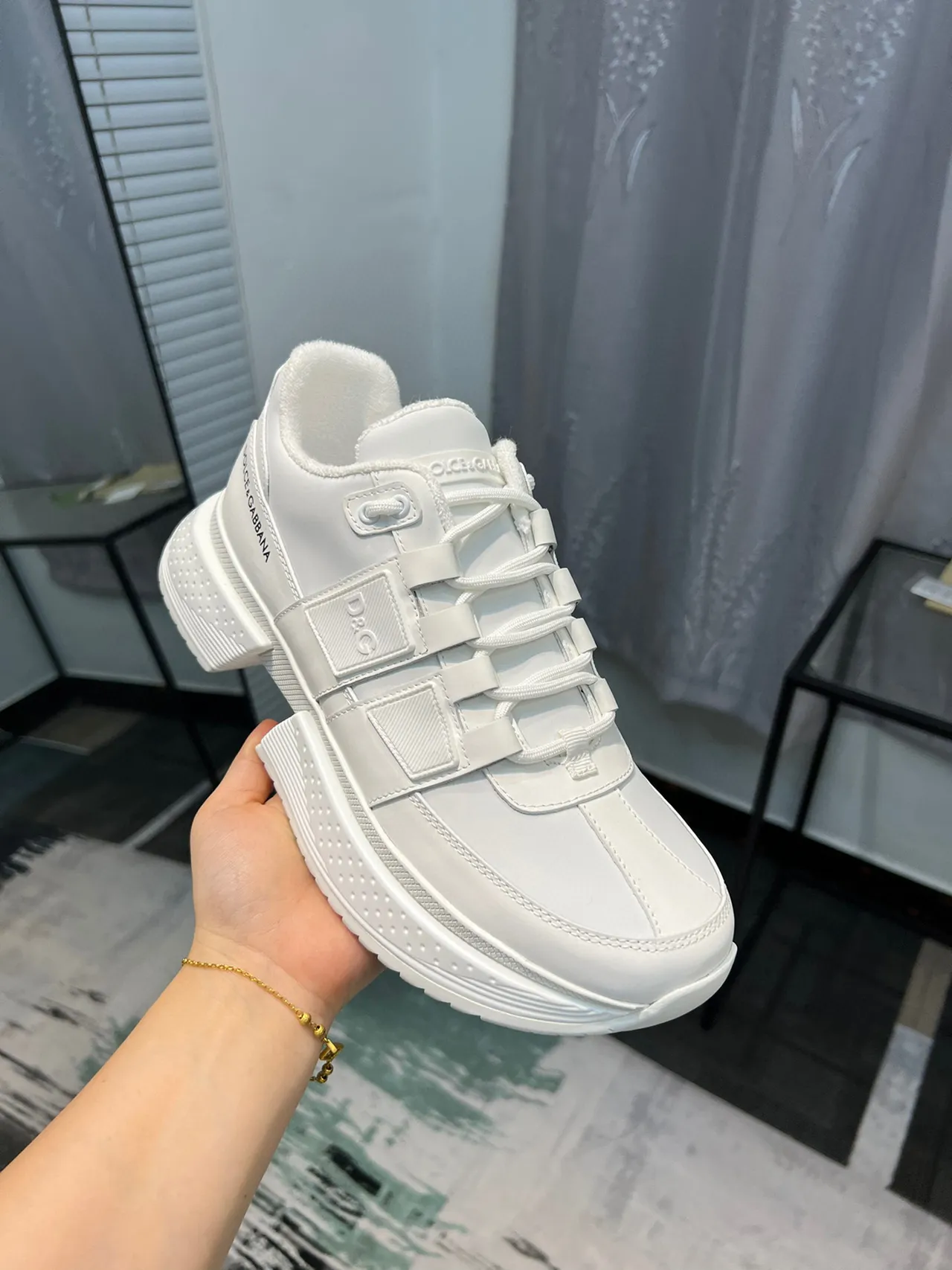 Dolce & Gabbana White Green Leather Upper Embossed D&G Plaque Chunky Sneakers 7