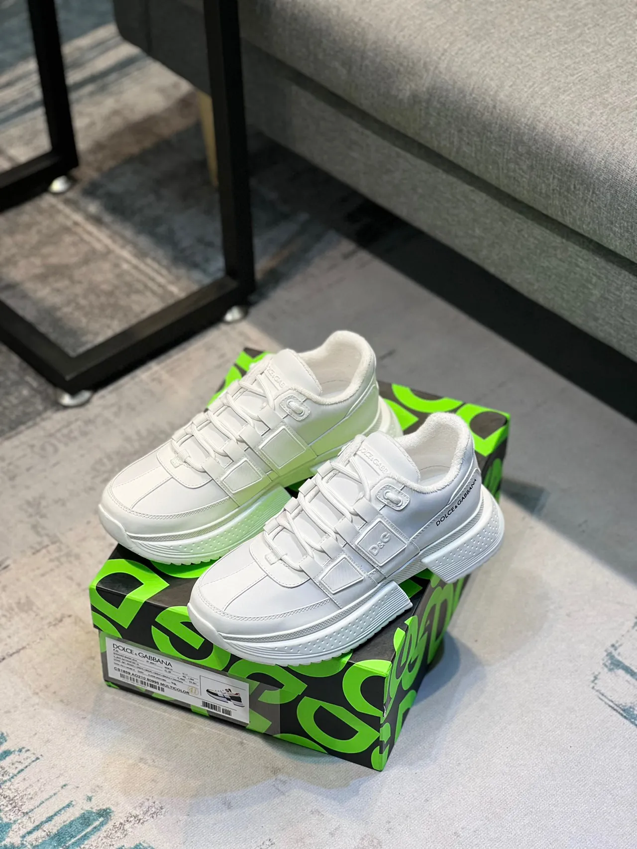 Dolce & Gabbana White Green Leather Upper Embossed D&G Plaque Chunky Sneakers 8