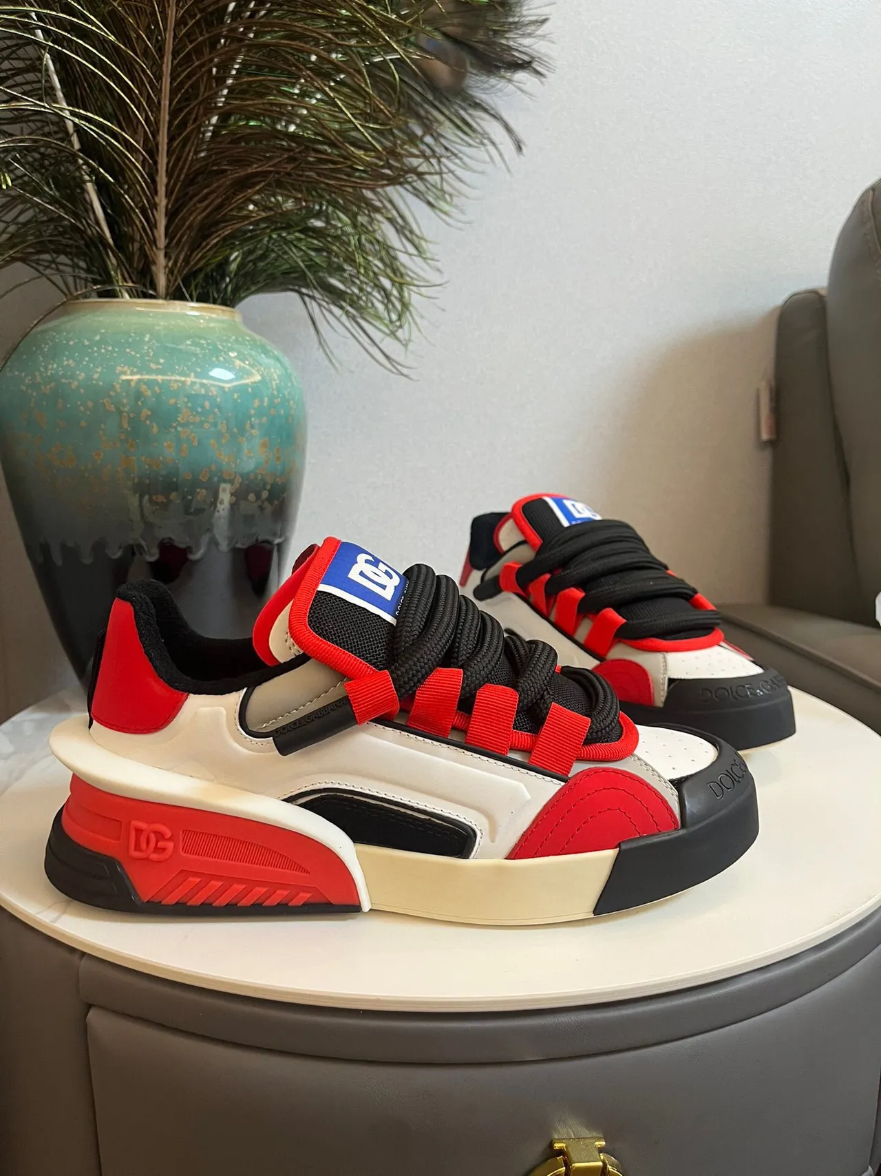 Dolce & Gabbana Blanc Rouge Sculpté Semelle Multicouches Fermeture Híbride Bretelle-Lacet Sneakers Lifestyle 2