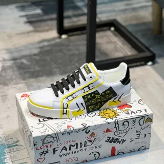 Dolce & Gabbana White Yellow Leather Upper Graffiti-Print Overlay Lifestyle Sneakers