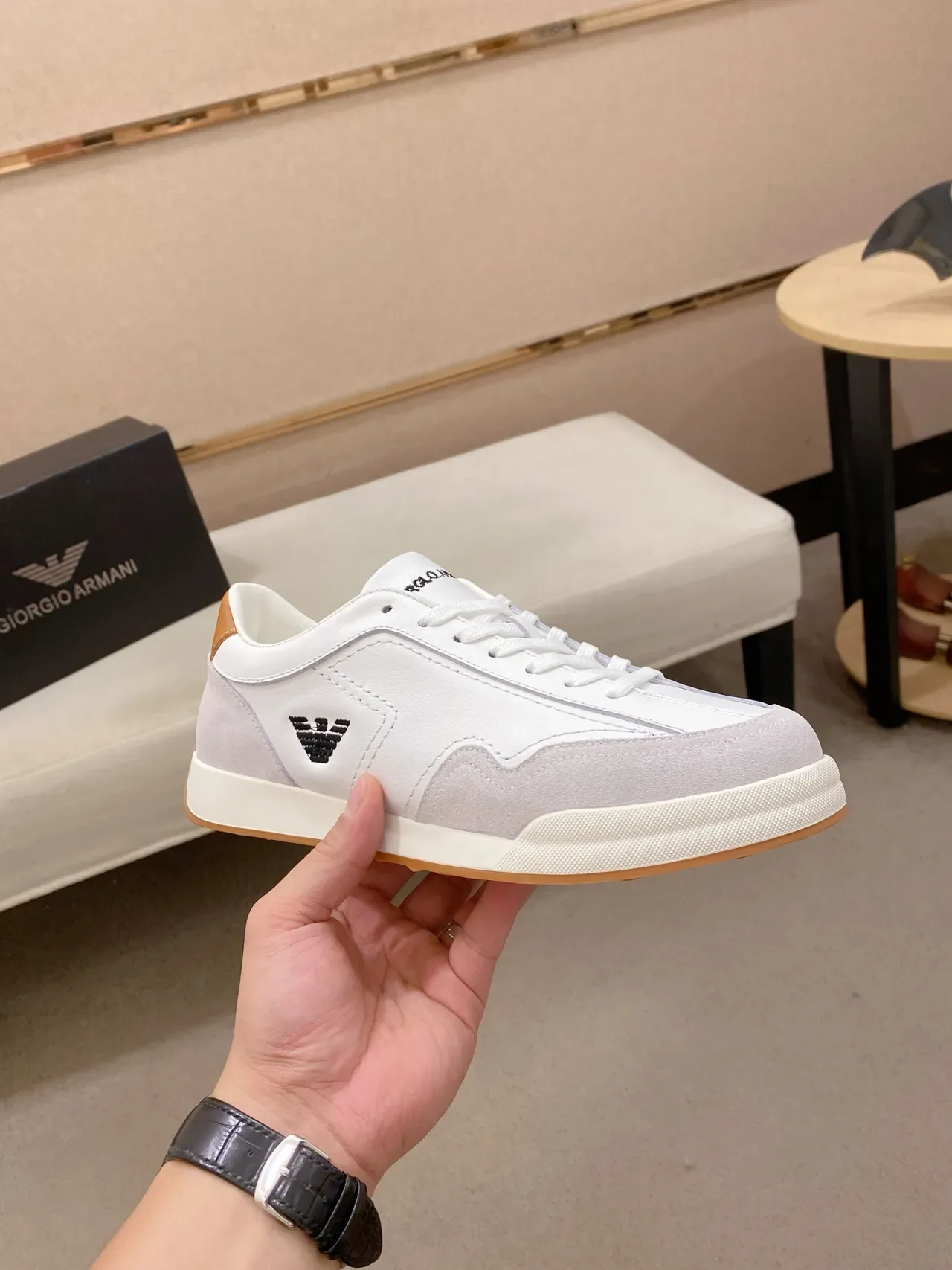 Emporio Armani White Gray Low-Top Leather-Suede Panelled Sneakers 4
