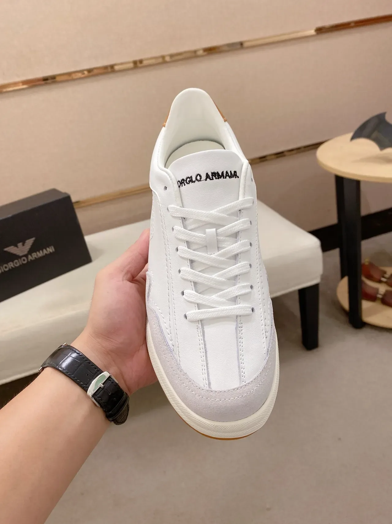 Emporio Armani White Gray Low-Top Leather-Suede Panelled Sneakers 5