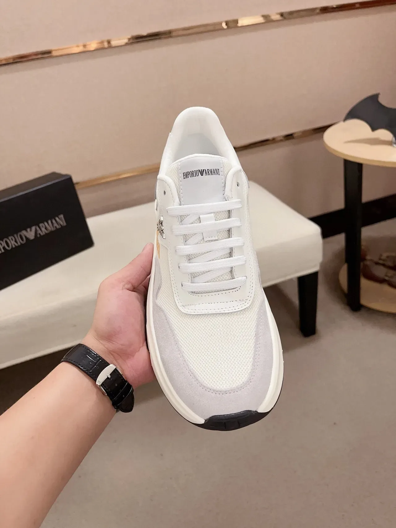 Emporio Armani White Gray Sole Mesh And Suede Paneling Chunky Sneakers 2