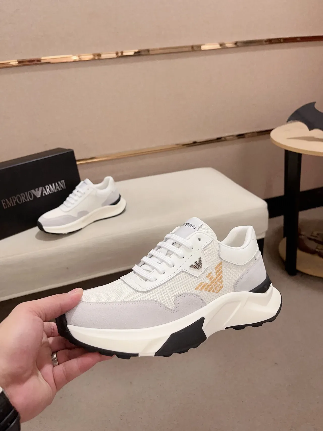 Emporio Armani White Gray Sole Mesh And Suede Paneling Chunky Sneakers 3
