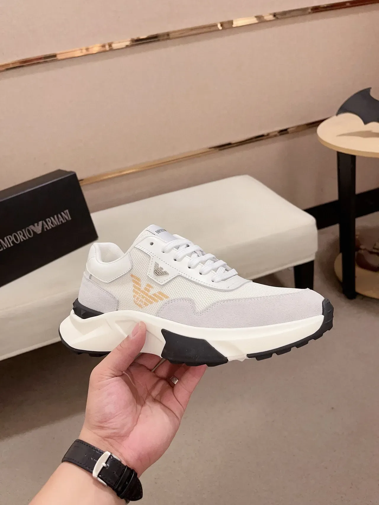 Emporio Armani White Gray Sole Mesh And Suede Paneling Chunky Sneakers 4