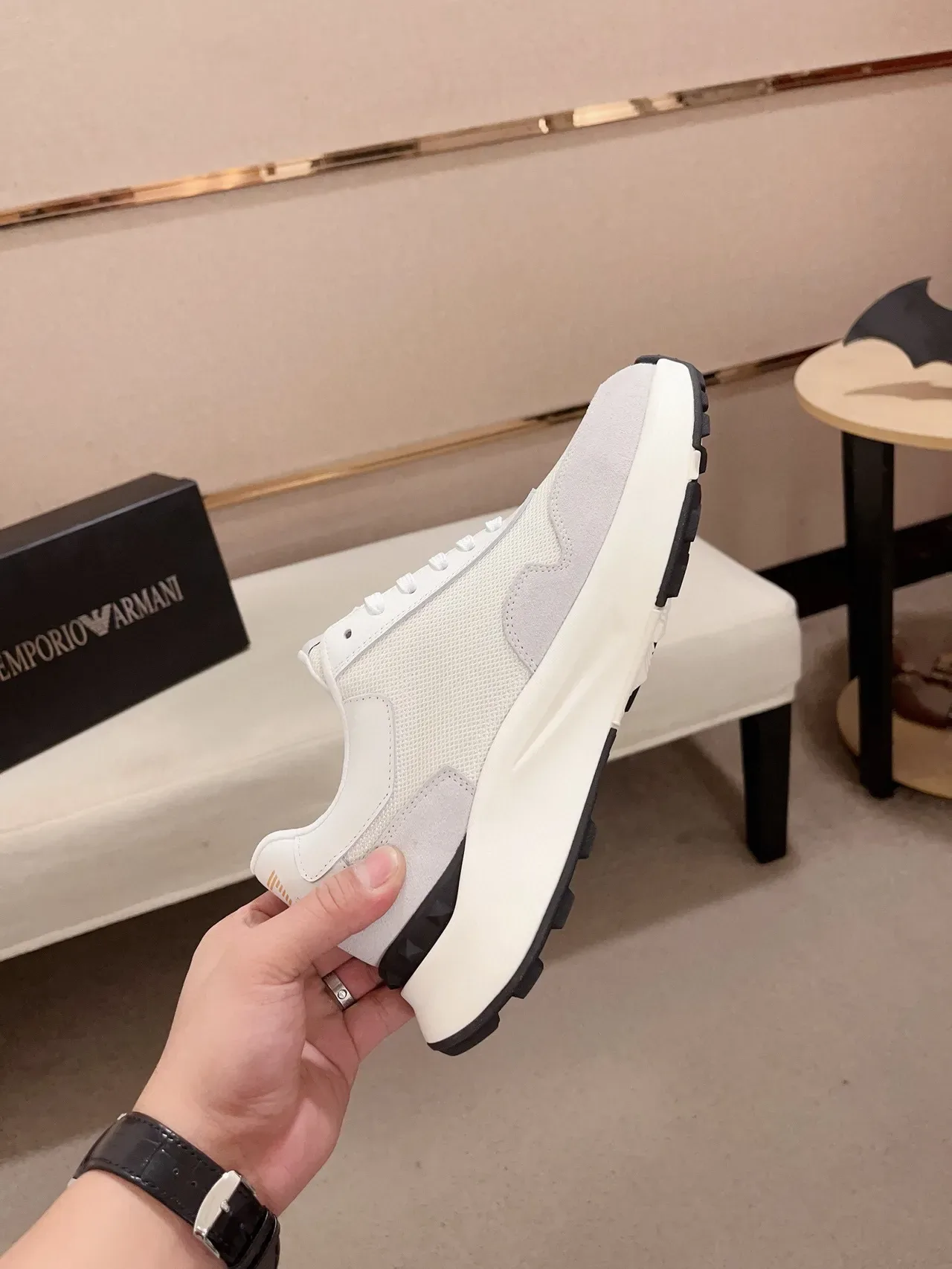 Emporio Armani White Gray Sole Mesh And Suede Paneling Chunky Sneakers 5