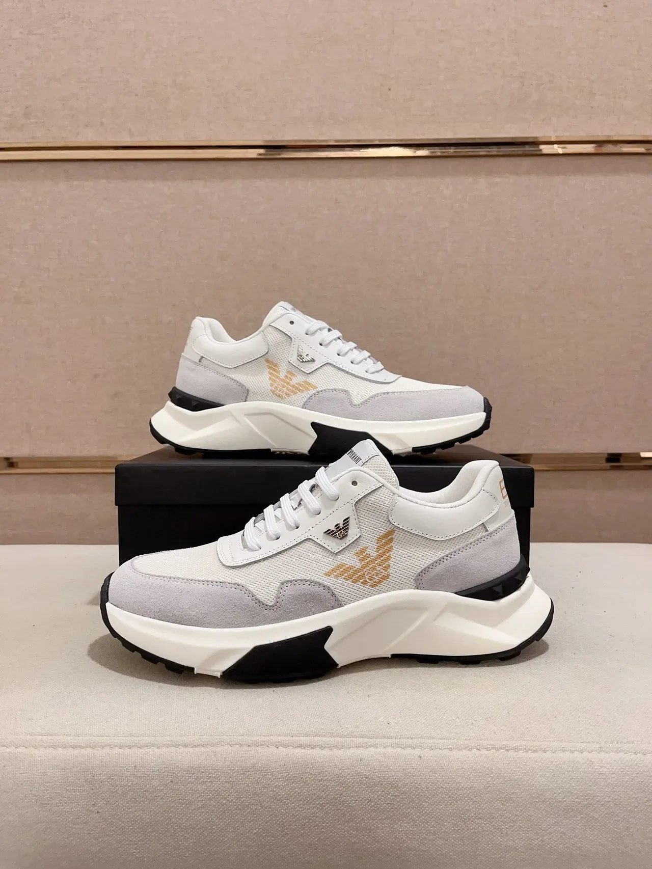 Emporio Armani White Gray Sole Mesh And Suede Paneling Chunky Sneakers 7