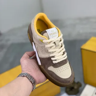 Fendi Beige Brown Layered Leather-Suede Upper Perforated Toe Sneakers