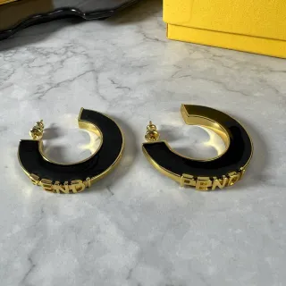 Fendi Black Gold C-Shaped Hoop Enamel Earrings