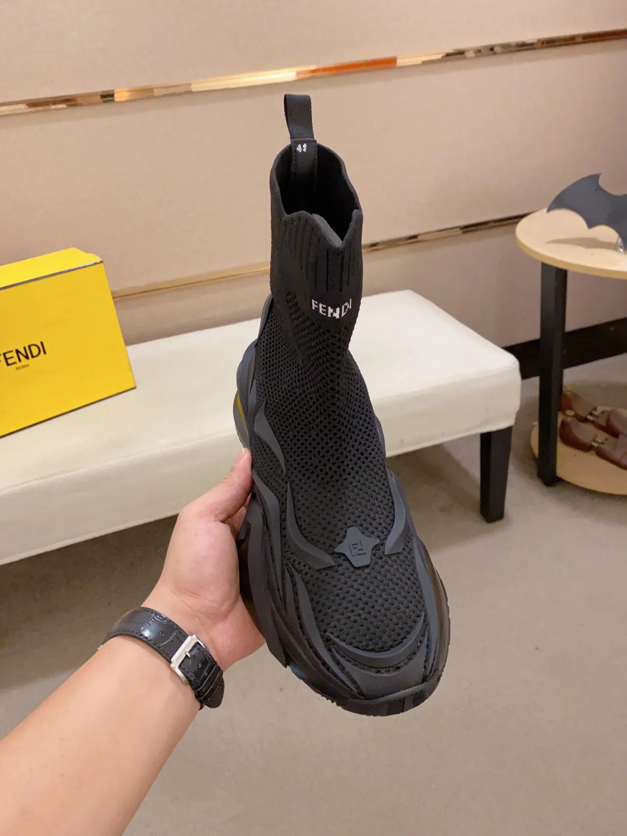 Fendi Sneakers Chunky noires à collet de chaussette en maille sculptée semelle multi-densité 8