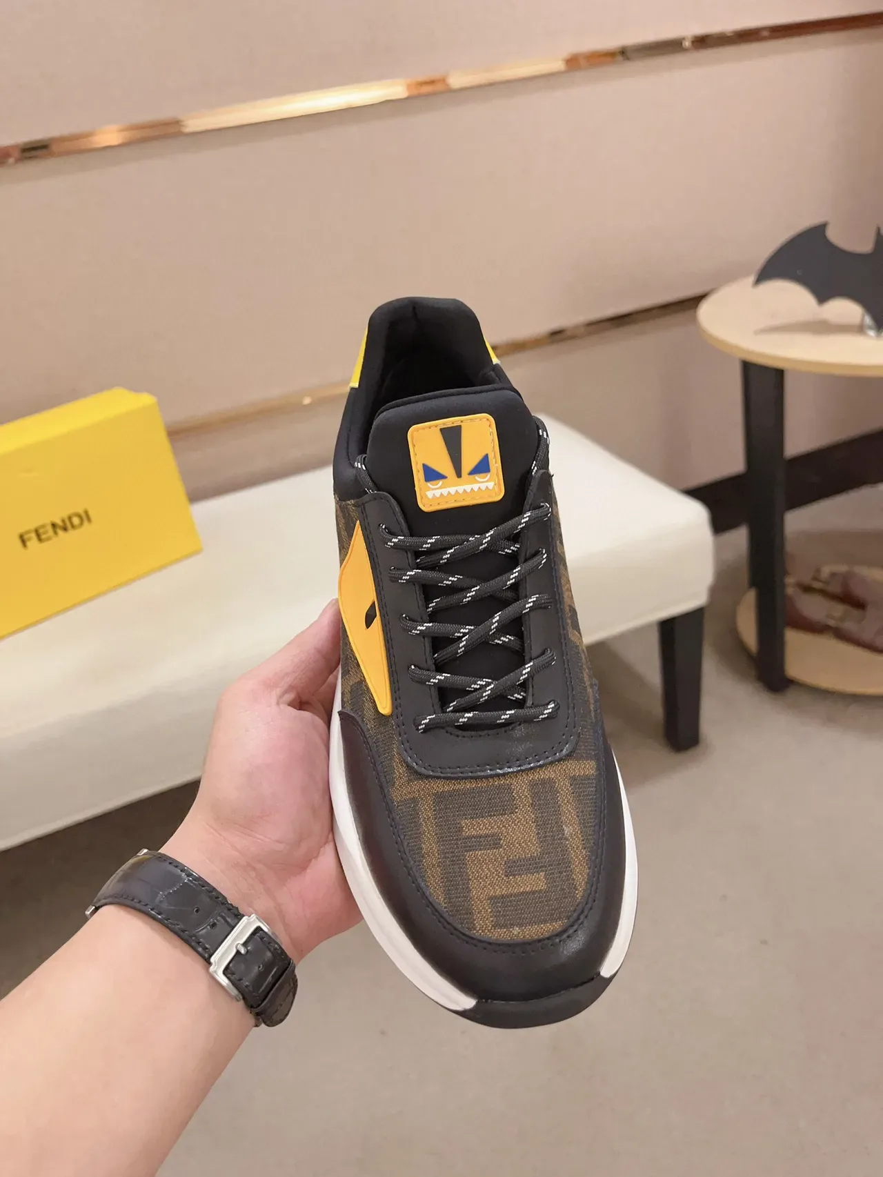 Fendi Black Yellow FF Monogram Textile Monster Eye Logo Lifestyle Sneakers 3