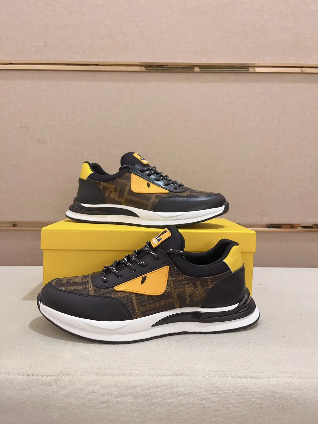 Fendi Black Yellow FF Monogram Textile Monster Eye Logo Lifestyle Sneakers 7