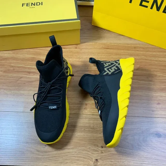Fendi Black Yellow Knit Upper High-Top Sock-Like Collar Sneakers 6