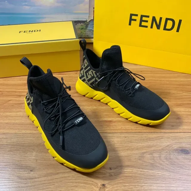 Fendi Black Yellow Knit Upper High-Top Sock-Like Collar Sneakers 7