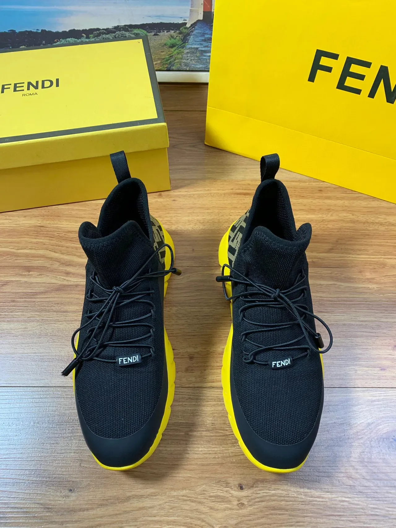 Fendi Black Yellow Knit Upper High-Top Sock-Like Collar Sneakers 9