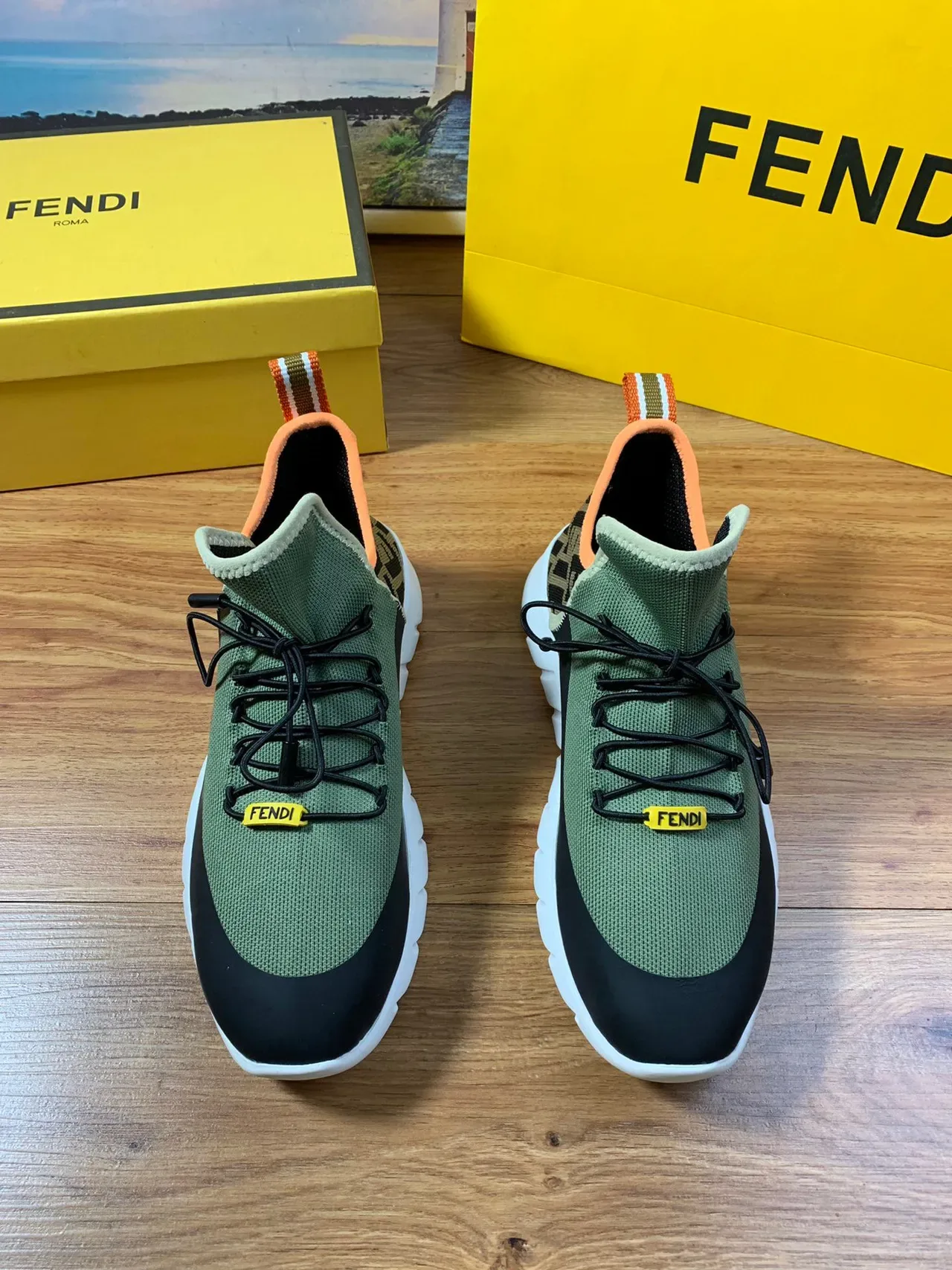 Fendi Black Yellow Knit Upper High-Top Sock-Like Collar Sneakers 17
