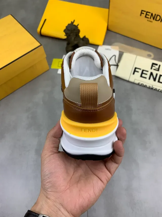 Fendi Brown Beige Two-Tone Leather And Textile Upper Chunky Layered Sole Sneakers 2