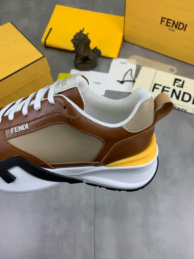 Fendi Brown Beige Two-Tone Leather And Textile Upper Chunky Layered Sole Sneakers 3