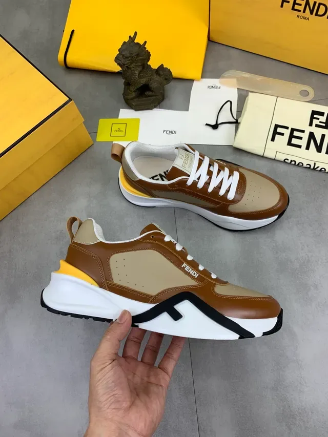 Fendi Brown Beige Two-Tone Leather And Textile Upper Chunky Layered Sole Sneakers 4