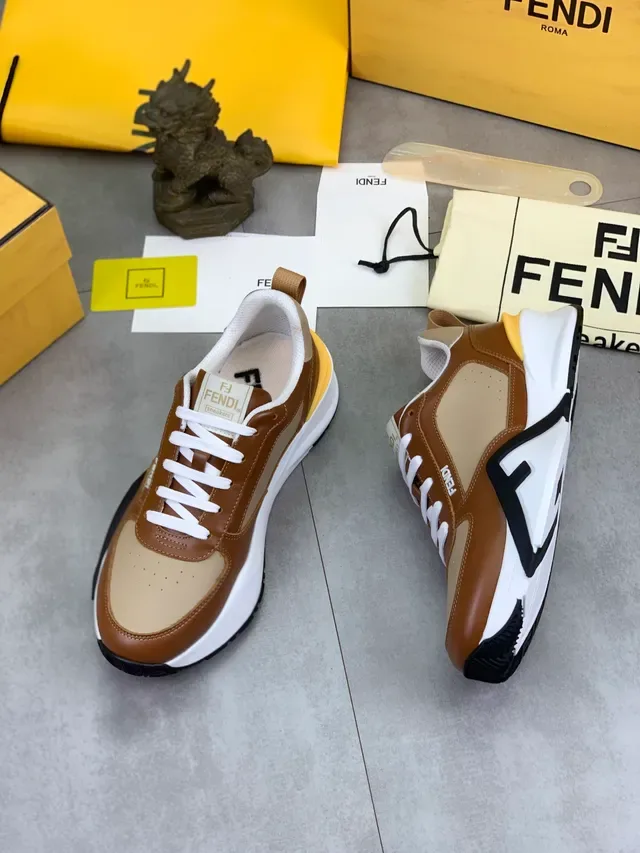 Fendi Brown Beige Two-Tone Leather And Textile Upper Chunky Layered Sole Sneakers 5