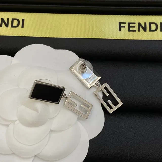 Fendi FF Logo Black Silver Geometric Rectangular Earrings 2