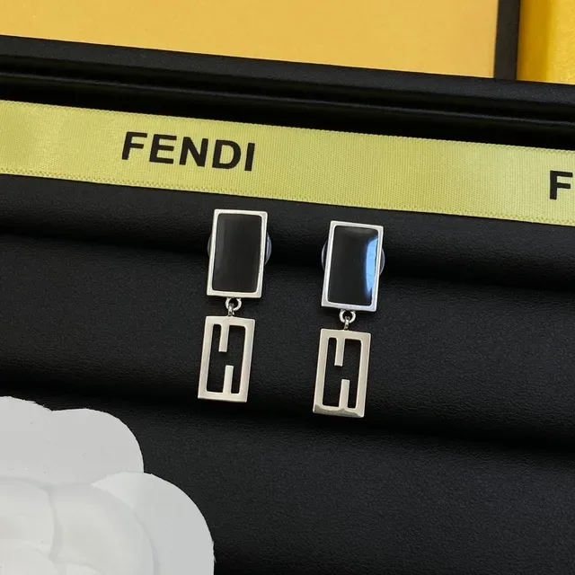 Fendi FF Logo Black Silver Geometric Rectangular Earrings 3