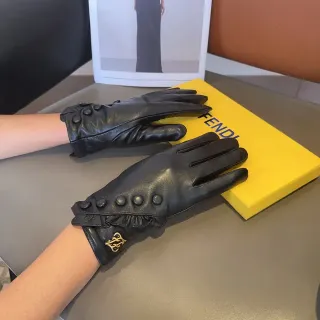 Fendi FF Logo Ruched Button Leather Gloves