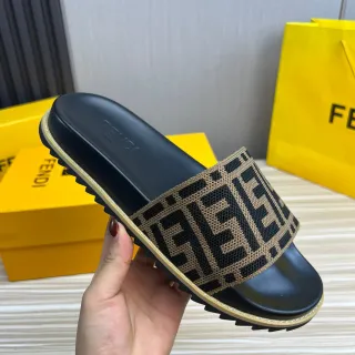 Fendi FF Slide Black and Beige Zucca Jacquard Slippers