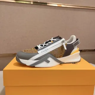 Fendi First Beige Gray Monogram Canvas Upper Sculpted Sole Chunky Sneakers