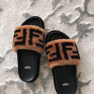 Fendi Fur Slide Black and Tan FF Logo Slippers