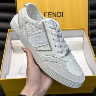 Fendi Gray White Perforated Suede Tonal FF Embroidery Lifestyle Sneakers