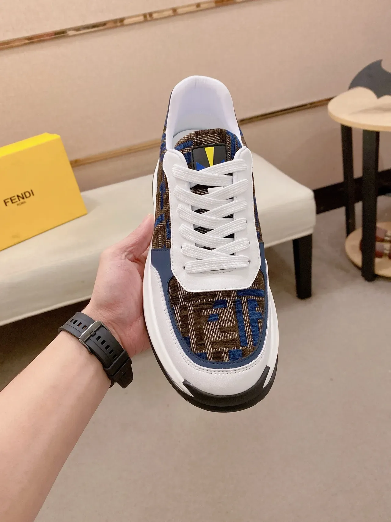 Fendi branco marinho FF Monogram jacquard superposições de couro superior Lifestyle Sneakers 2