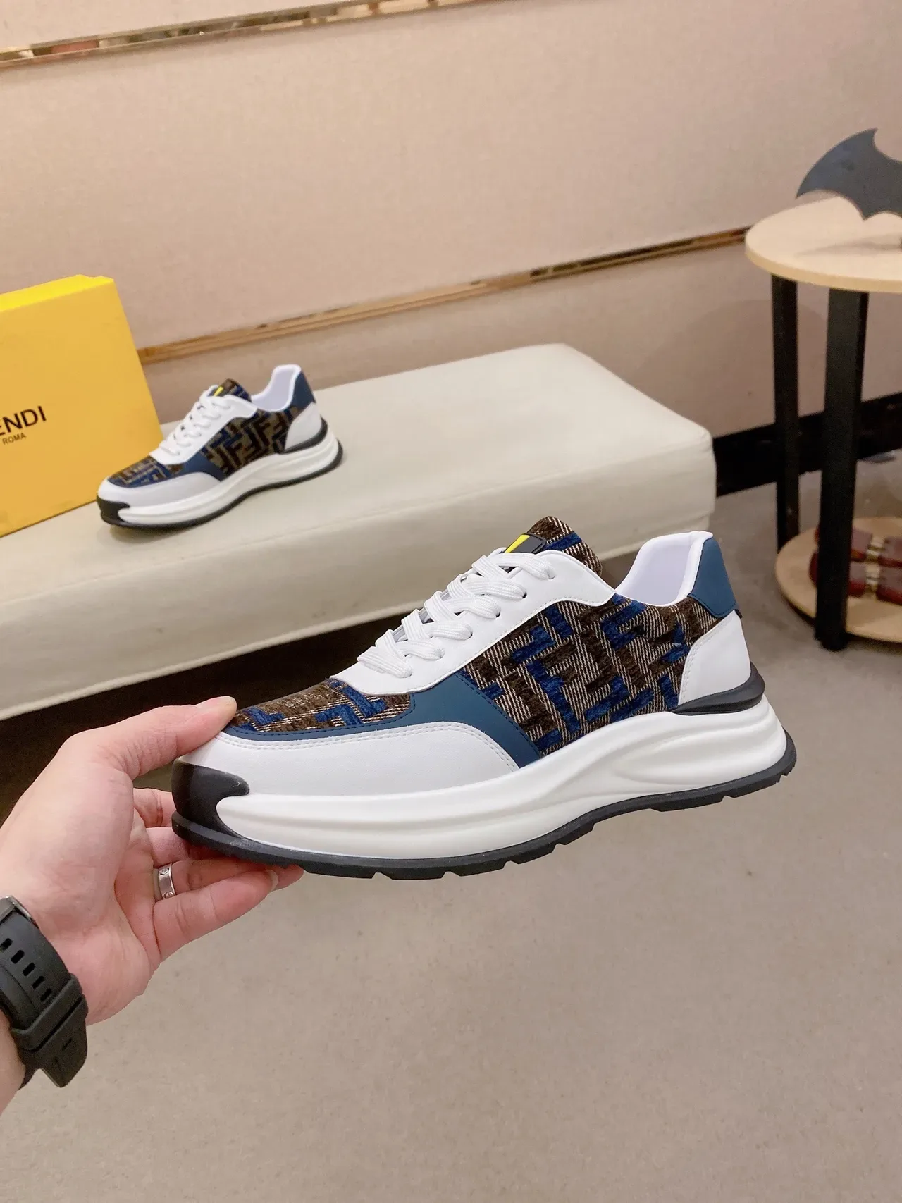 Fendi branco marinho FF Monogram jacquard superposições de couro superior Lifestyle Sneakers 3